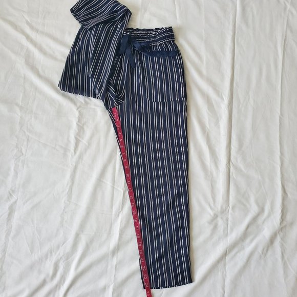 ZARA Women's Navy Blue/White Striped Drawstring Paperbag Pants Size XS - Picture 12 of 16